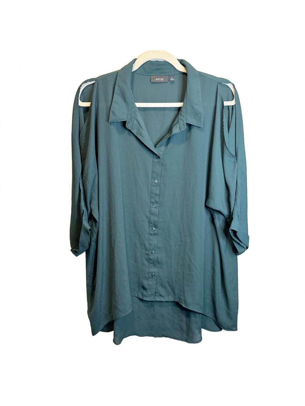 Apt. 9 XL Dark Green Cold Shoulder Blouse High Low Button Front Tunic Top